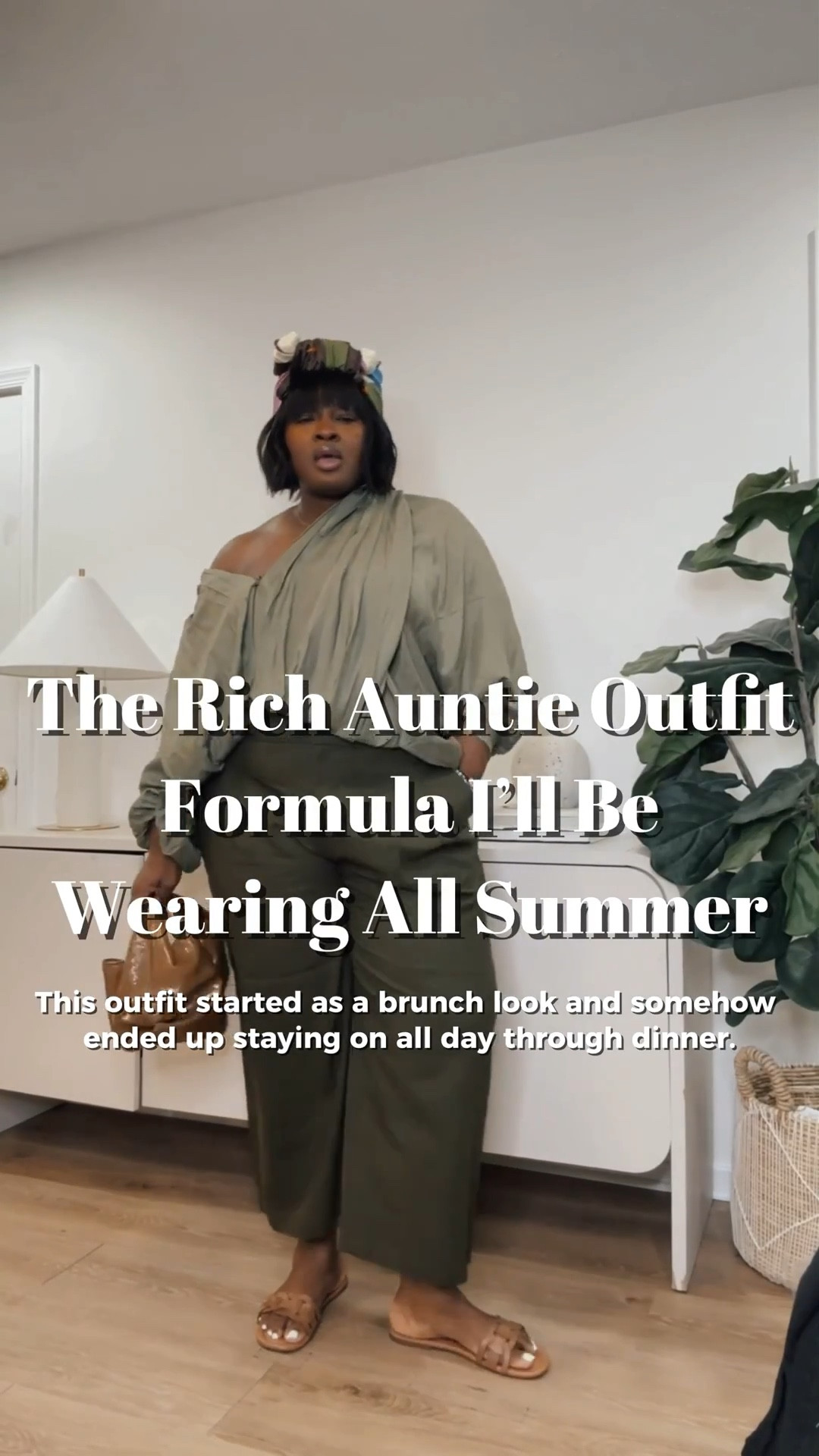Rich auntie summer outfit featuring flowy wide-leg pants, an off-shoulder top, and neutral accessories. The perfect plus size summer look for brunch, vacation, and everyday chic style. #RichAuntieStyle
#PlusSizeFashion
#PlusSizeStyle
#QuietLuxuryStyle
#SummerOutfitIdeas
#WideLegPants
#VacationStyle
#ChicStyle
#EffortlessStyle
#LTKPlusSizeFashion

#LTKMidsize #LTKSeasonal #LTKootd
