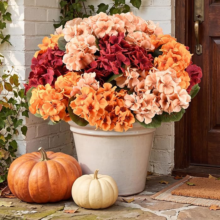 12 Pcs Artificial Fall Flowers Outdoors UV Resistant, Faux Geraniums Fall Fake Flowers Fall Decor... | Amazon (US)