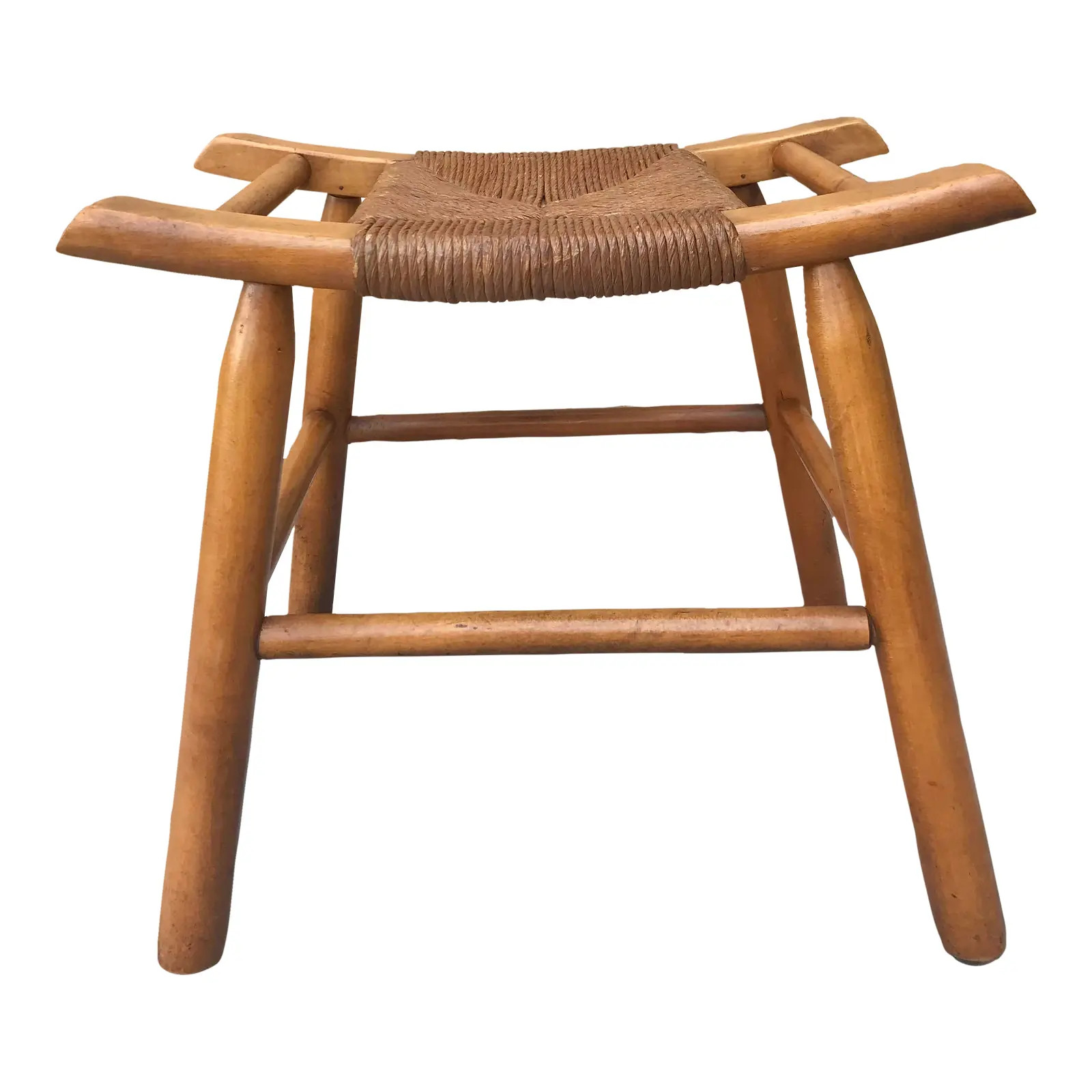 Vintage Wood and Woven String Mini Ottoman | Chairish