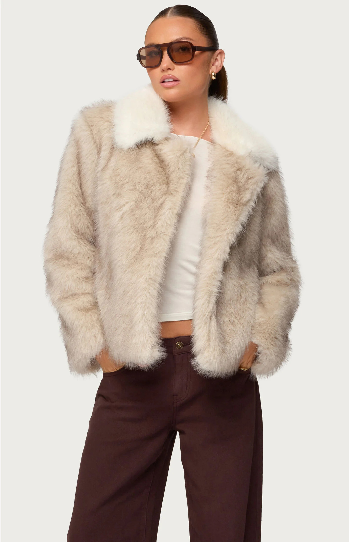 Edikted Women's Contrast Collar Faux Fur Jacket in Tan - Size Medium | PacSun