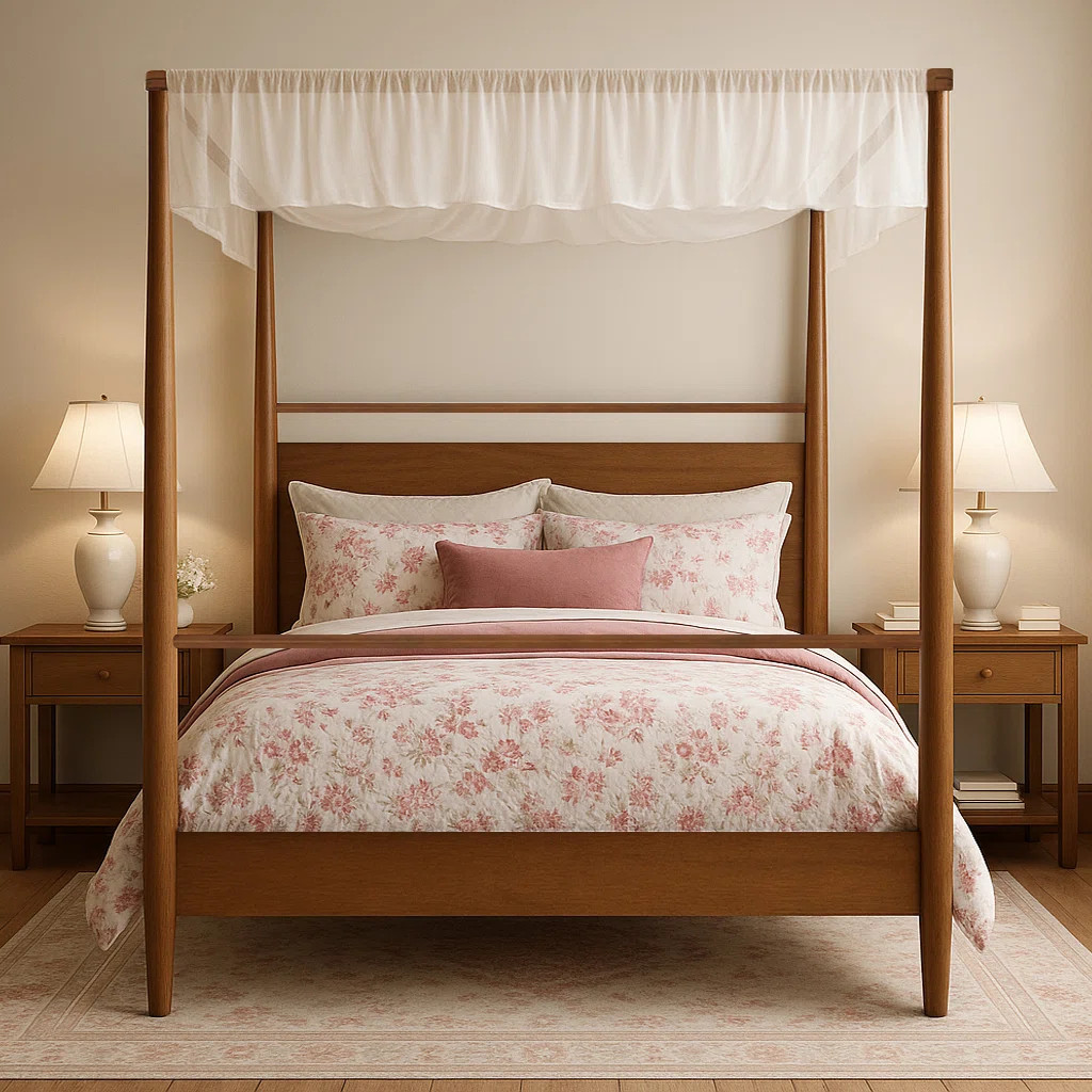 Emiyah Solid Wood Canopy Bed Frame Four Poster Bed, No Springs Required, Walnut Color | Wayfair North America