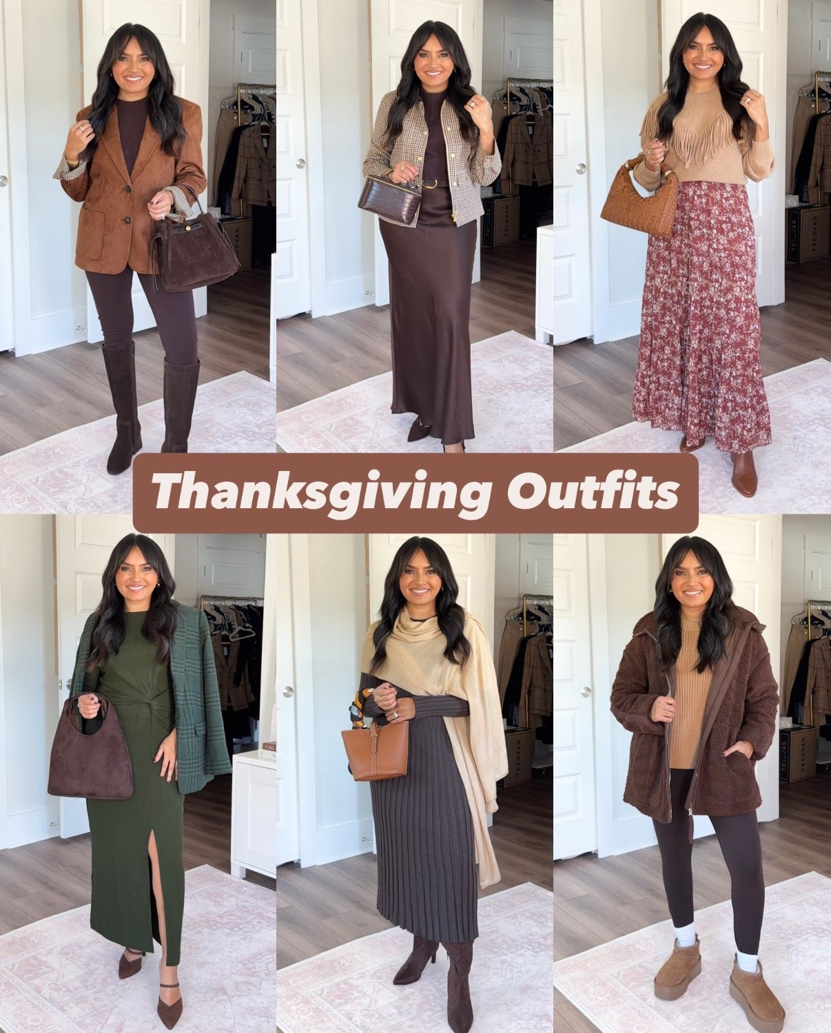Thanksgiving Fall Outfit Ideas!
For reference: I’m 5’0, 32b bra size, and 2/26 in bottoms, pear shaped. 
*Everything I share is unaltered! TTS means true to size.

Suede blazer size xxs TTS  - use code RACHEL15
Brown cocoa berry sweater size xxs TTS
Brown iced espresso legging pants size 2 petite TTS
Chocolate brown knee high waterproof boots size 6 TTS


Plaid field jacket size xs petite TTS
Brown cocoa berry sweater size xxs TTS
Brown hot fudge size xs TTS
Brown heels size 5 TTS
Dark brown belt 27” - 31”

Warm sand heather sweater size xxs petite TTS
Brown floral skirt size small TTS
Medium brown boots size 5.5 TTS


Green plaid blazer size 0 petite TTS
Evergreen sweater dress size xs regular - i wanted this dress to be a maxi length so i went with regular sizing instead of petite 
Brown heels size 5 TTS

Brown mocha heather ribbed cashmere sweater dress size xs TTS
Wrap is one size 
Brown boots size 5.5 TTS


Deep brown sherpa jacket size small TTS
Camel sweater size xs TTS
Brown deep earth leggings size medium regular - i like the regular length vs short and i size up a size for a more comfortable waistband
Platform uggs size 5 TTS



Thanksgiving outfits petite
fall outfit ideas
thanksgiving outfit ideas
petite fall outfits
cozy fall outfits
holiday outfit ideas
fall capsule wardrobe
petite fashion finds
thanksgiving dinner outfit
casual thanksgiving outfits
fall outfits for petites

petite style guide
fall outfit inspo
petite thanksgiving style
what to wear for thanksgiving
petite friendly pieces
Rachel Miranda Blog
Honeysweetpetite
Honey Sweet Petite


#LTKStyleTip #LTKSaleAlert #LTKPetite