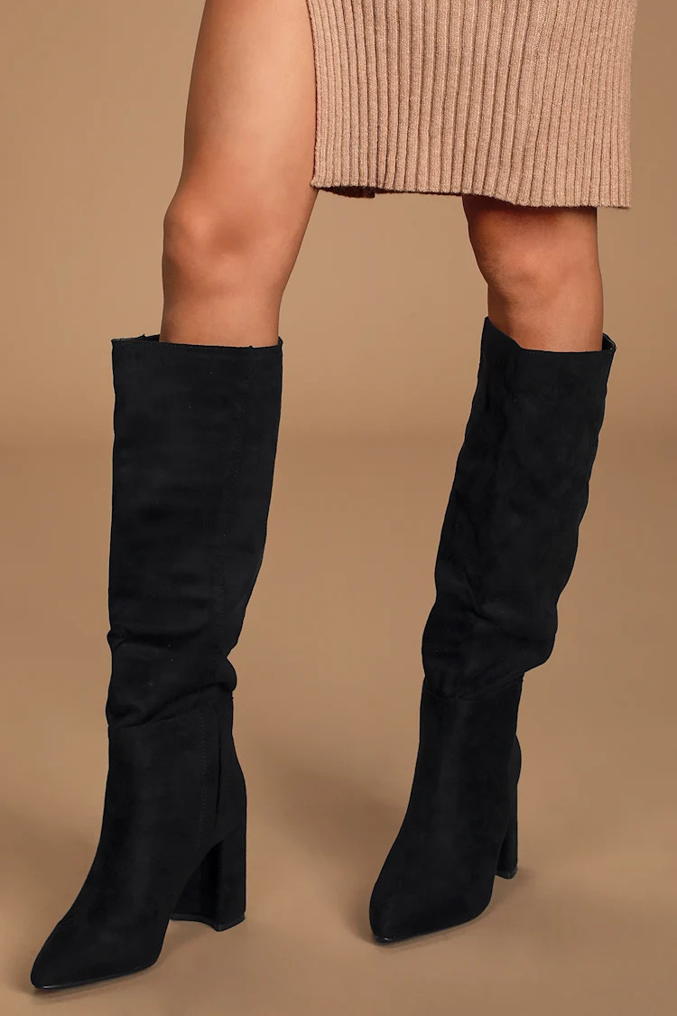 Katari Black Suede Pointed-Toe Knee High Boots | Lulus