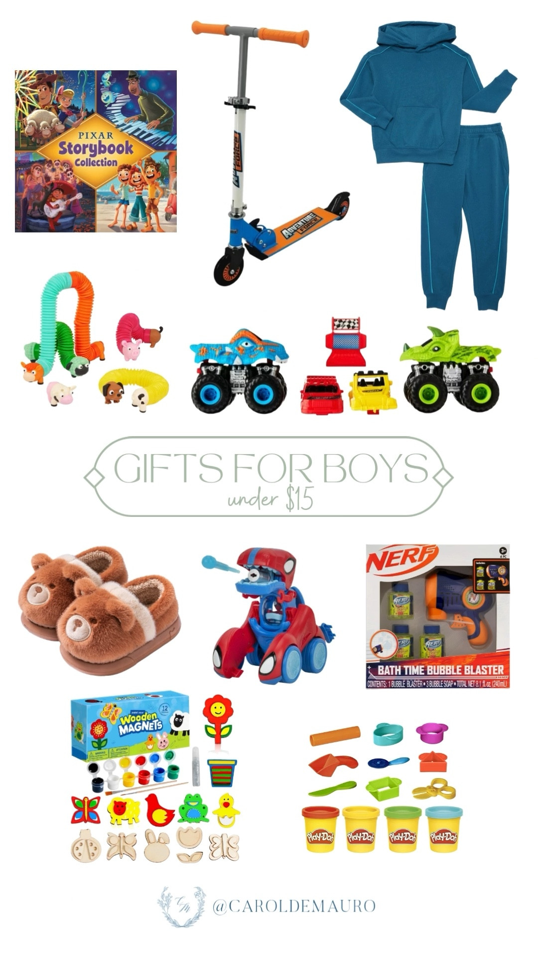 Spark joy and creativity with these fantastic gifts for boys that are under $15! Encourage active play with a scooter or Nerf blaster, imaginative fun with monster trucks and Play-Doh, and learning with a Pixar storybook collection or wooden magnets. There's something for every little adventurer!

gifts for boys, toddler toys, kids activities, walmart finds, affordable gifts, kids fashion, loungewear, cozy slippers

#LTKGiftGuide #LTKFindsUnder50 #LTKKids