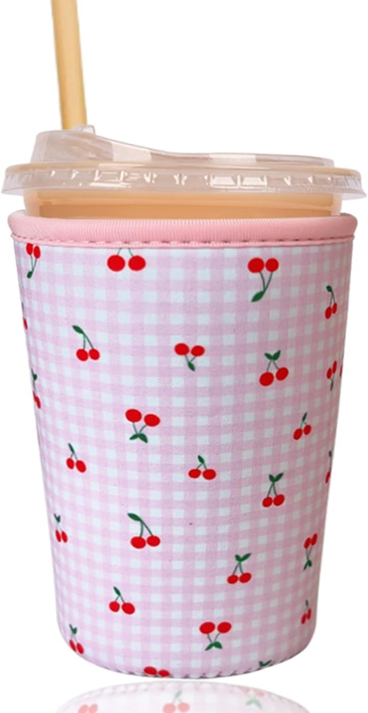 Reusable Insulated Sleeve for Iced Coffee Cup, Coffee Neoprene Sleeve for Cold & Hot Drinks, Beverage Holder for Iced Coffee (Pink Cherry, Medium: 22-24oz) | Amazon (US)