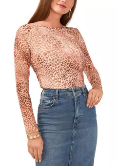 Women's Long Sleeve Side Ruched Animal Print Mesh Top | Belk