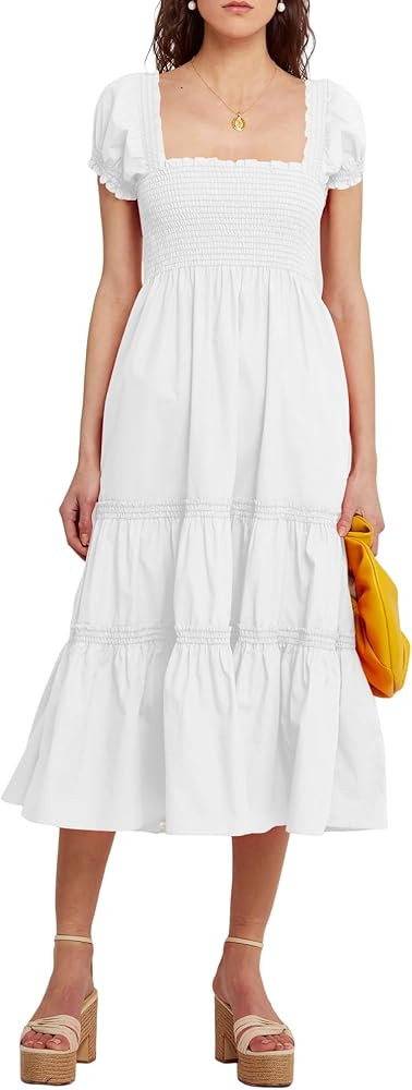 ZAFUL Womens Square Neck Short Puff Sleeve Smocked Tiered Ruffle A Line Midi Dress | Amazon (US)