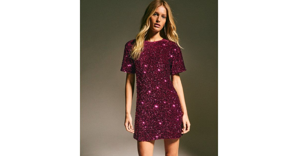 Dark Burgundy Velvet Sequin T-Shirt Dress | New Look | New Look (UK)