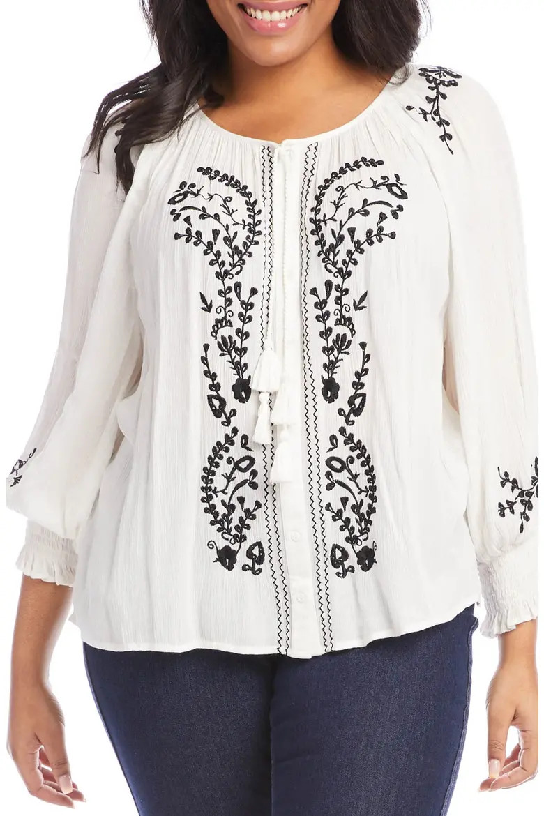 Embroidered Tie Neck Button-Up Peasant Top (Women) | Nordstrom | Nordstrom