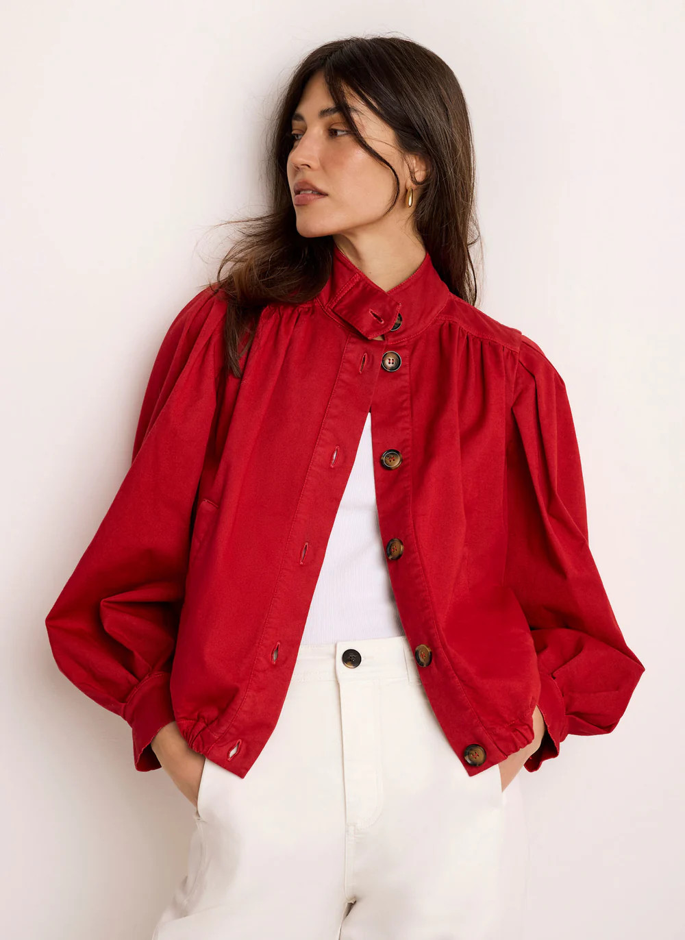 Red Cotton Blend Puff Sleeve Jacket | Mint Velvet