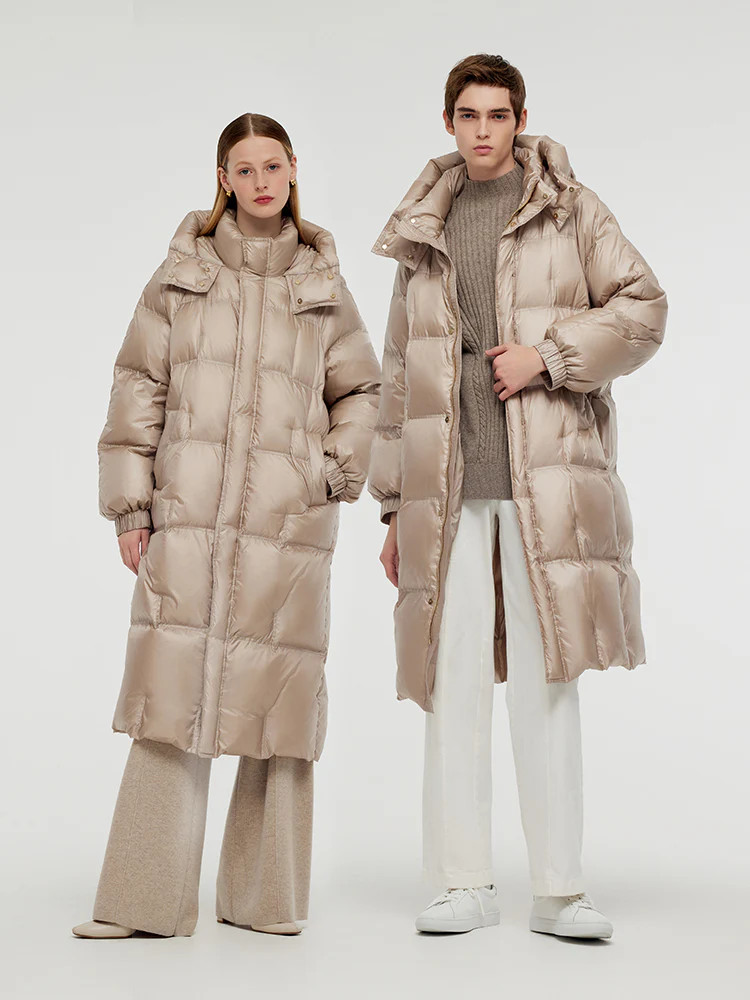 Rose Gold Unisex Hooded Long Goose Down Coat | GOELIA