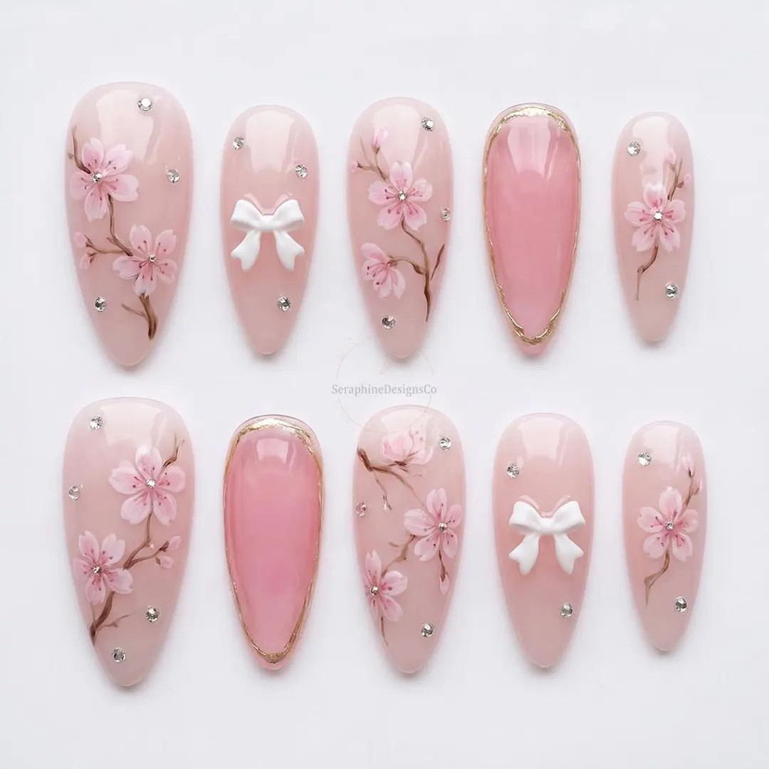 Pink Sakura Press On Nails | Cherry Blossom Gel Nails with Bow Rhinestone | Handmade Elegant Flor... | Etsy (US)