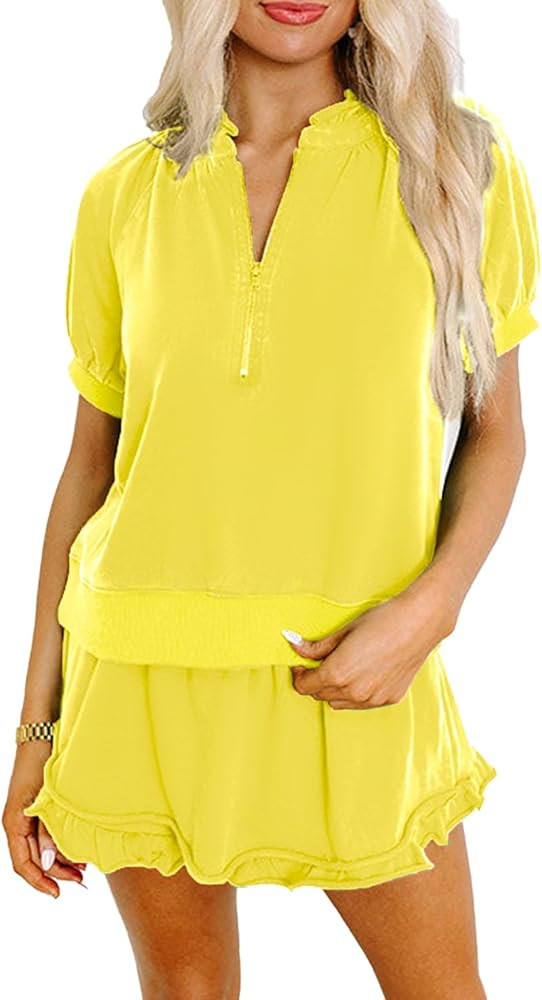 KevaMolly Women's 2 Piece Lounge Sets Casual Short Sleeve Outfits Half Zip Puff Sleeve Top and Ru... | Amazon (US)