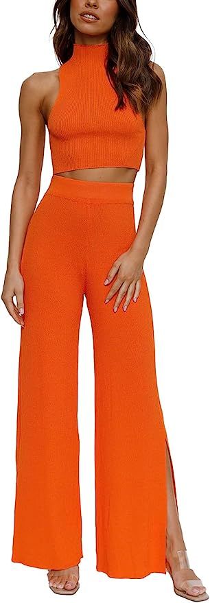 ARTFREE Womens 2 Piece Outfits Sets Casual Sweatsuits Streetwear, Ribbed Knit Palazzo Wide Leg Pa... | Amazon (US)