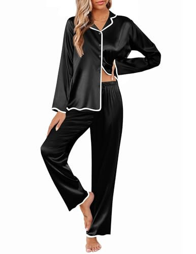 Ekouaer Satin Pajamas Set Silk Pjs 2 Piece Satin Sleepwear Long Sleeve Button Down Lounge Sets With Pant Black Small | Amazon (US)