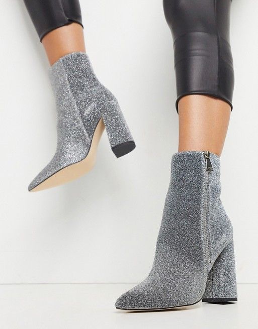 London Rebel pointed heeled ankle boot in silver glitter | ASOS (Global)