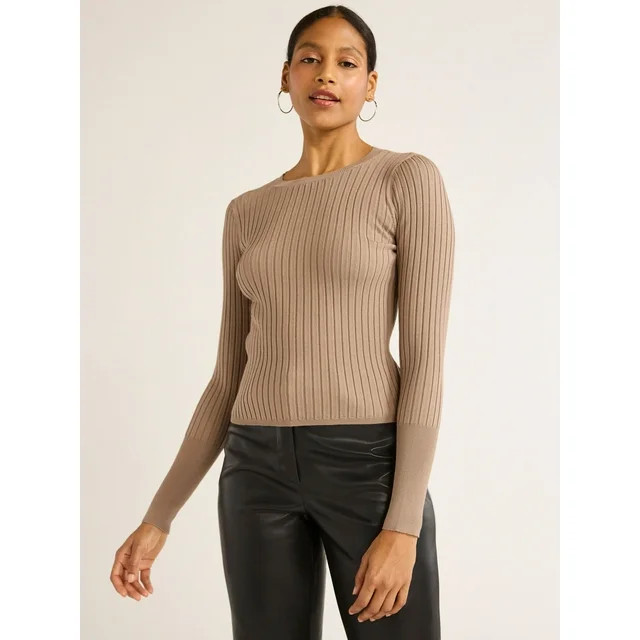 Scoop Women's Wide Ribbed Crewneck Sweater, Lightweight, Sizes XS-XXL - Walmart.com | Walmart (US)