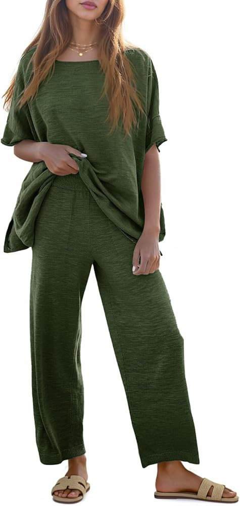 Tankaneo Women's 2 Piece Travel Outfits Casual Short Sleeve Knit Sweater Set Wide Leg Pants Loung... | Amazon (US)