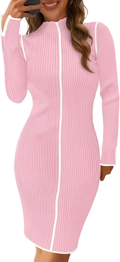 MEROKEETY Women's 2024 Long Sleeve Ribbed Knit Short Dress Color Block Mock Neck Bodycon Sweater ... | Amazon (US)