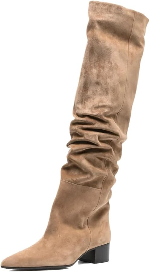 Pazzion Women Slouch Knee High Boots Closed Pointed Toe Pull On Low Chunky Heels Wide Calf Long B... | Amazon (US)