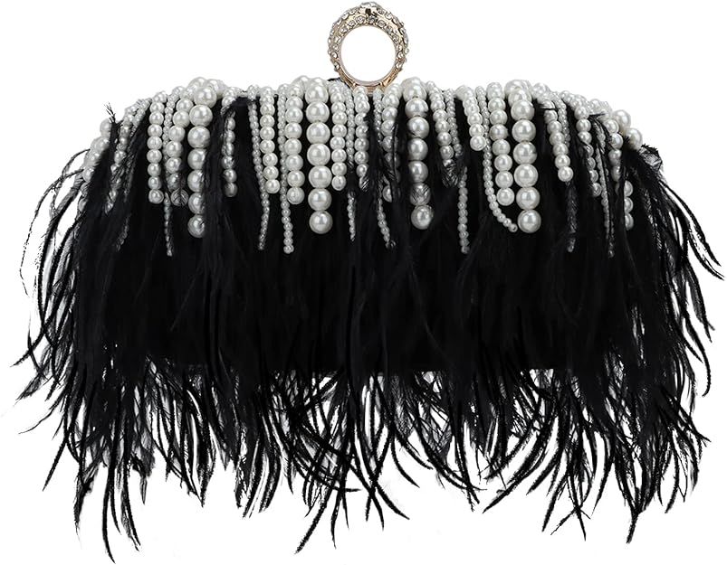 Ynport Women Ostrich Feather Evening Handbag Black Fluffy Clutch Purse Fuzzy Handbag Shoulder Bag... | Amazon (US)