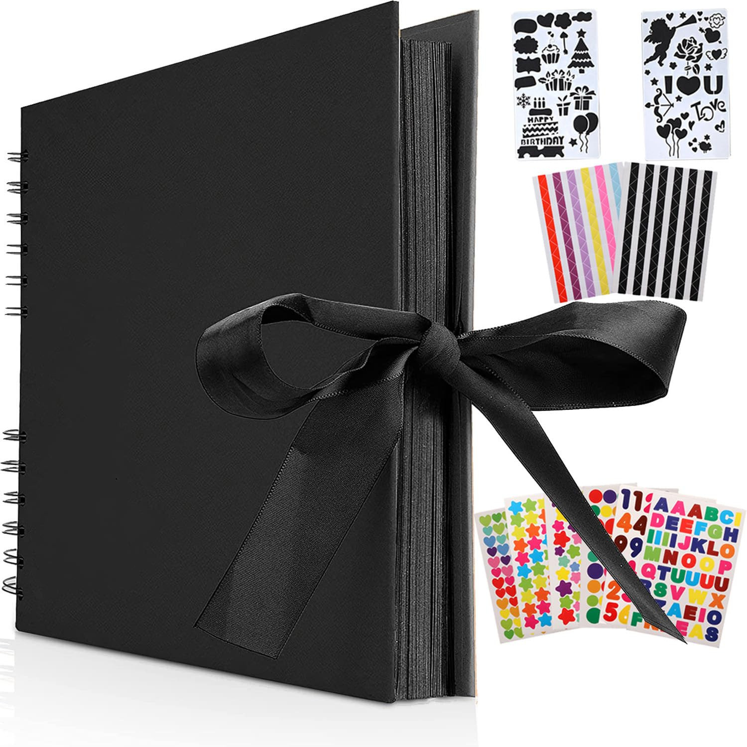 AIOR Scrapbook Photo Album, 12.6 x 8.3 Inch 80 Pages Scrapbook Album Ribbon Closure Hardcover with DIY Scrapbooking Kit for Anniversary Family Baby Shower Graduation, Black | Amazon (US)