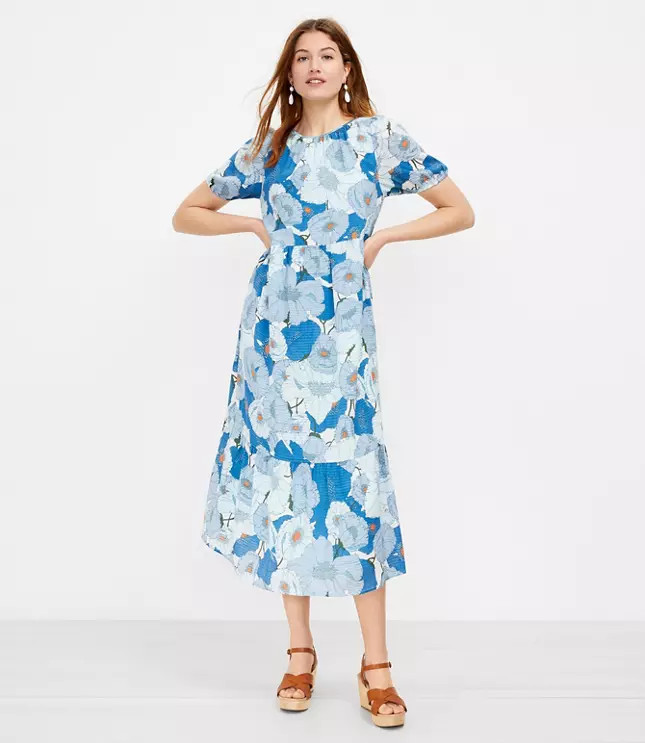 Poppy Puff Sleeve Tiered Midi Dress | LOFT