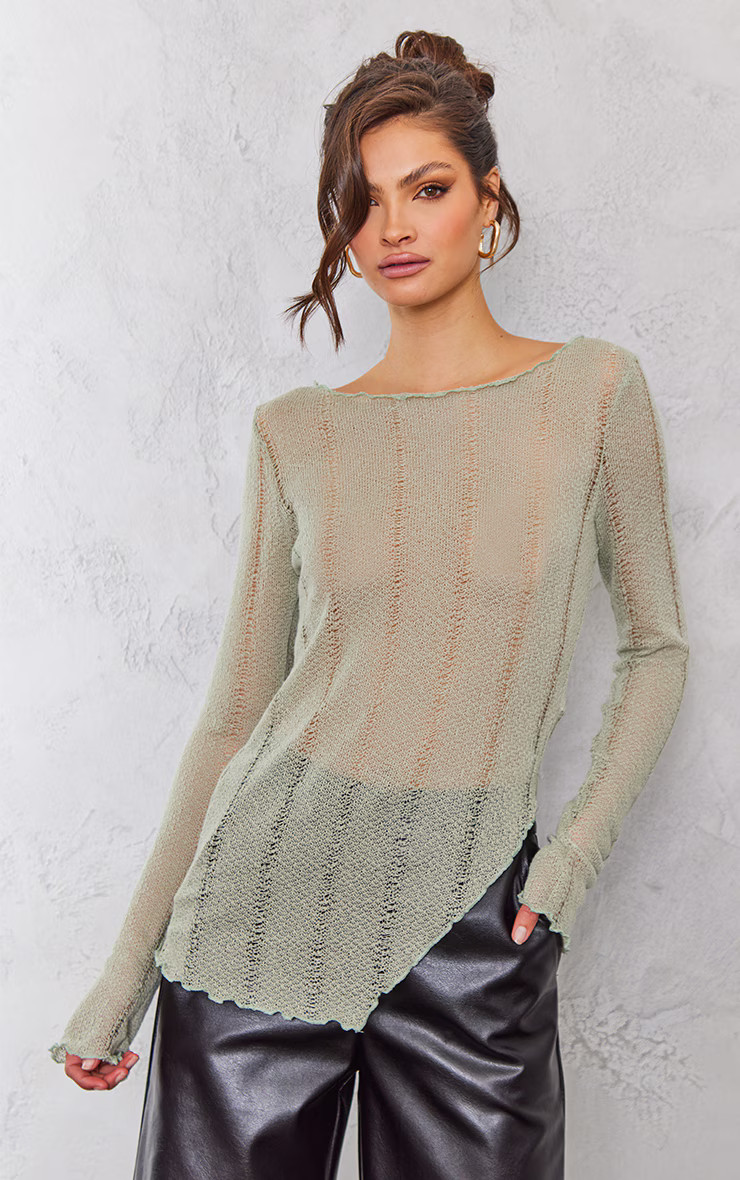 Tall Sage Distressed Long Sleeve Top | PrettyLittleThing US