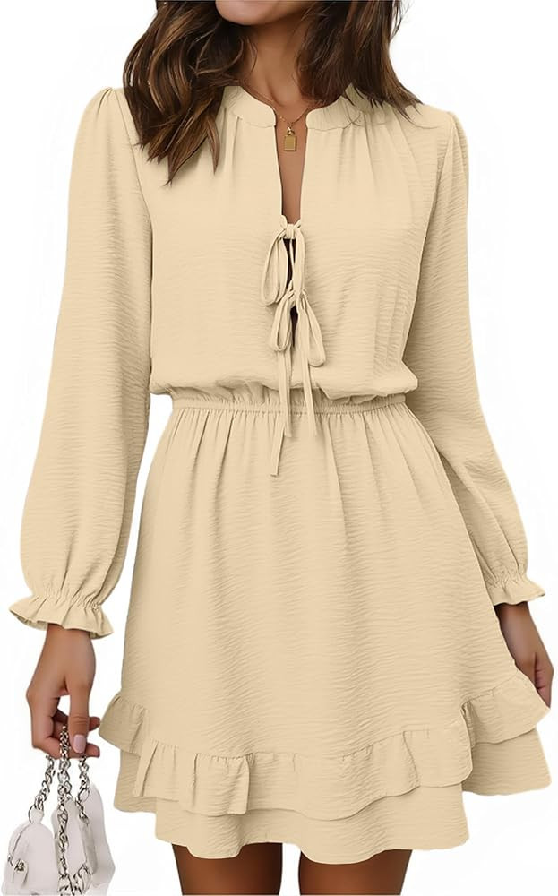 Angashion Womens Tie Front Mini Dress: V Neck Long Sleeve Layer Ruffle Hem Dress with Pockets | Amazon (US)