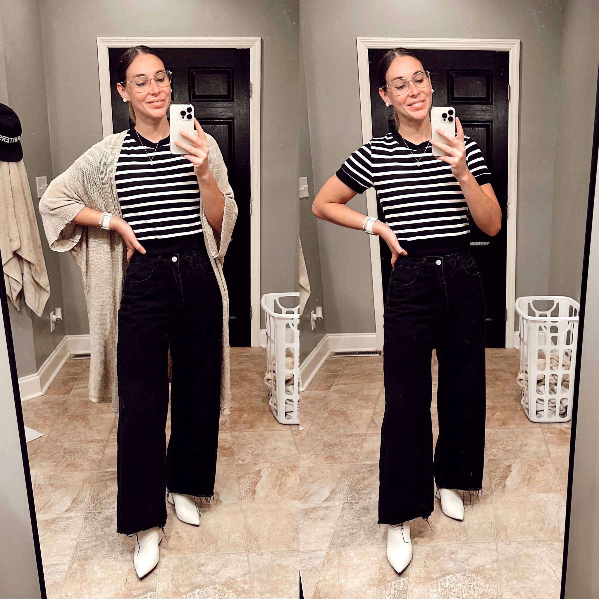 #work today. Can’t decide if I like it with the cardigan or without. This knit top is literally the perfect fit. If I could have it in a millions different prints it would be all I wore. Found it at #tjmaxx but can’t find it online. Brand is Atelier by Kirious. Had this cardigan  for about 6 years from #Forever21. 

#LTKworkwear #LTKfindsunder50 #LTKstyletip