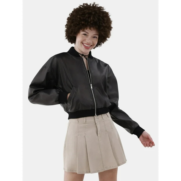 No Boundaries Faux Leather Cargo Bomber Jacket, Women’s - Walmart.com | Walmart (US)