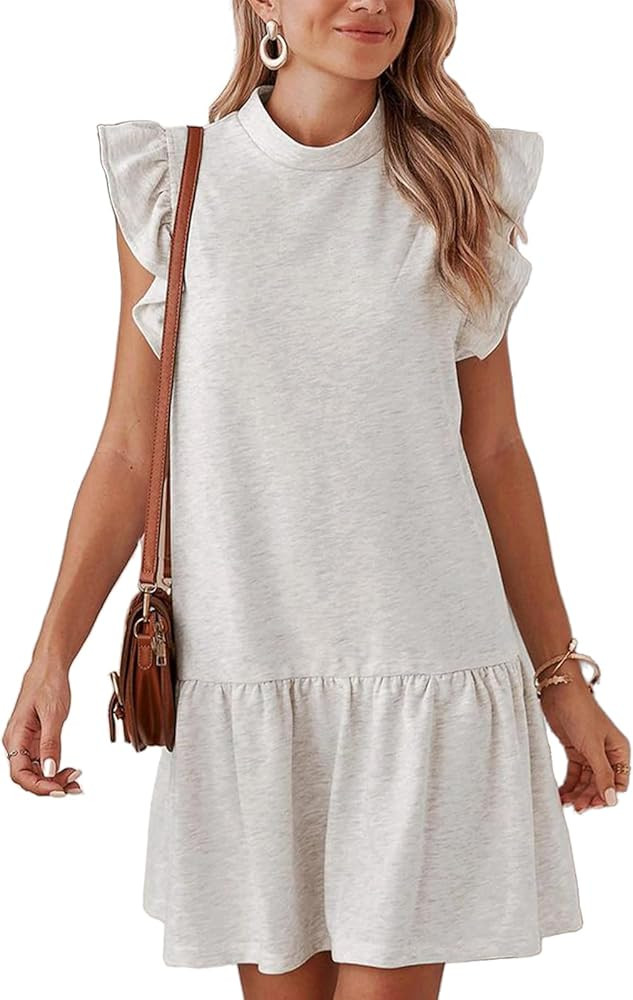 Women's Casual Ruffle Sleeve Mini Dress Soft Loose Fit Summer T-Shirt Dress with Flowy Hem | Amazon (US)