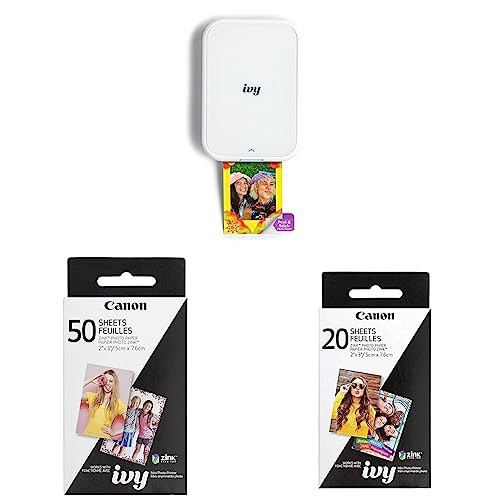 Canon Ivy 2 Mini Photo Printer, Print from Compatible iOS & Android Devices, Sticky-Back Prints, Pure White & Zink Photo Paper Pack, 50 Sheets & Zink Photo Paper Pack, 20 Sheets, White, 2" X 3". | Amazon (US)