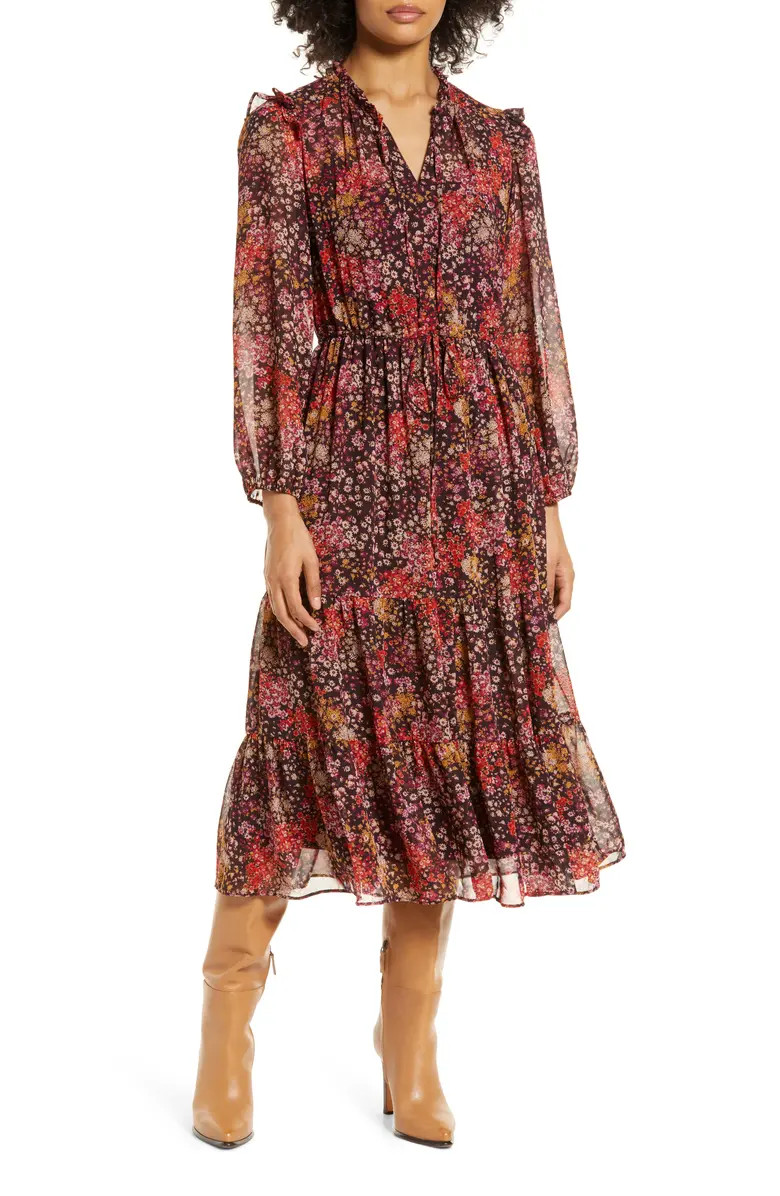 Floral Print Long Sleeve Tiered Midi Dress | Nordstrom