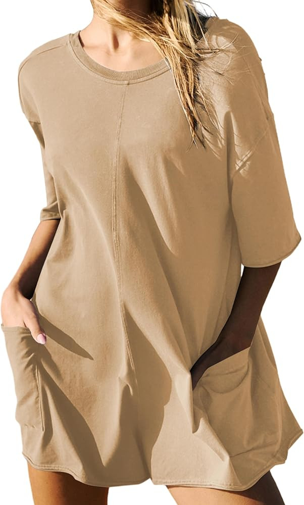 Athletic Jumpsuits Back V Neck Workout T-shirt Rompers Short Sleeve Oversized Onesie Casual Activ... | Amazon (US)