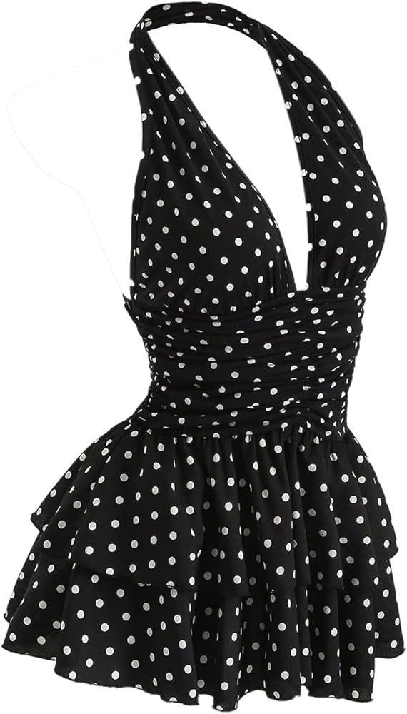 Floerns Women's Cute Halter Dress Sleeveless Polka Dots Layered Ruffle Vintage Mini Dresses | Amazon (US)