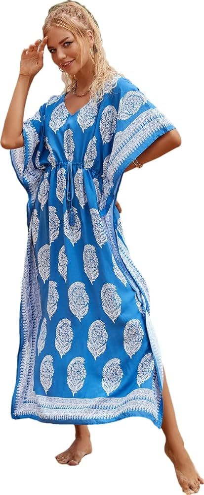 RanRui Women Geometric Print Kaftan Dresses Caftans Loungewear with Waist Drawstring | Amazon (US)