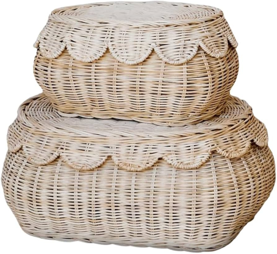 CAALMA Scalloped Basket - Set of 2 Rattan Basket - Wicker Storage Basket with Lid - Decorative Sm... | Amazon (US)