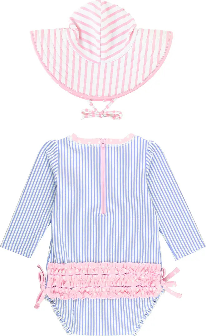 Seersucker One-Piece Rashguard Swimsuit & Hat Set | Nordstrom
