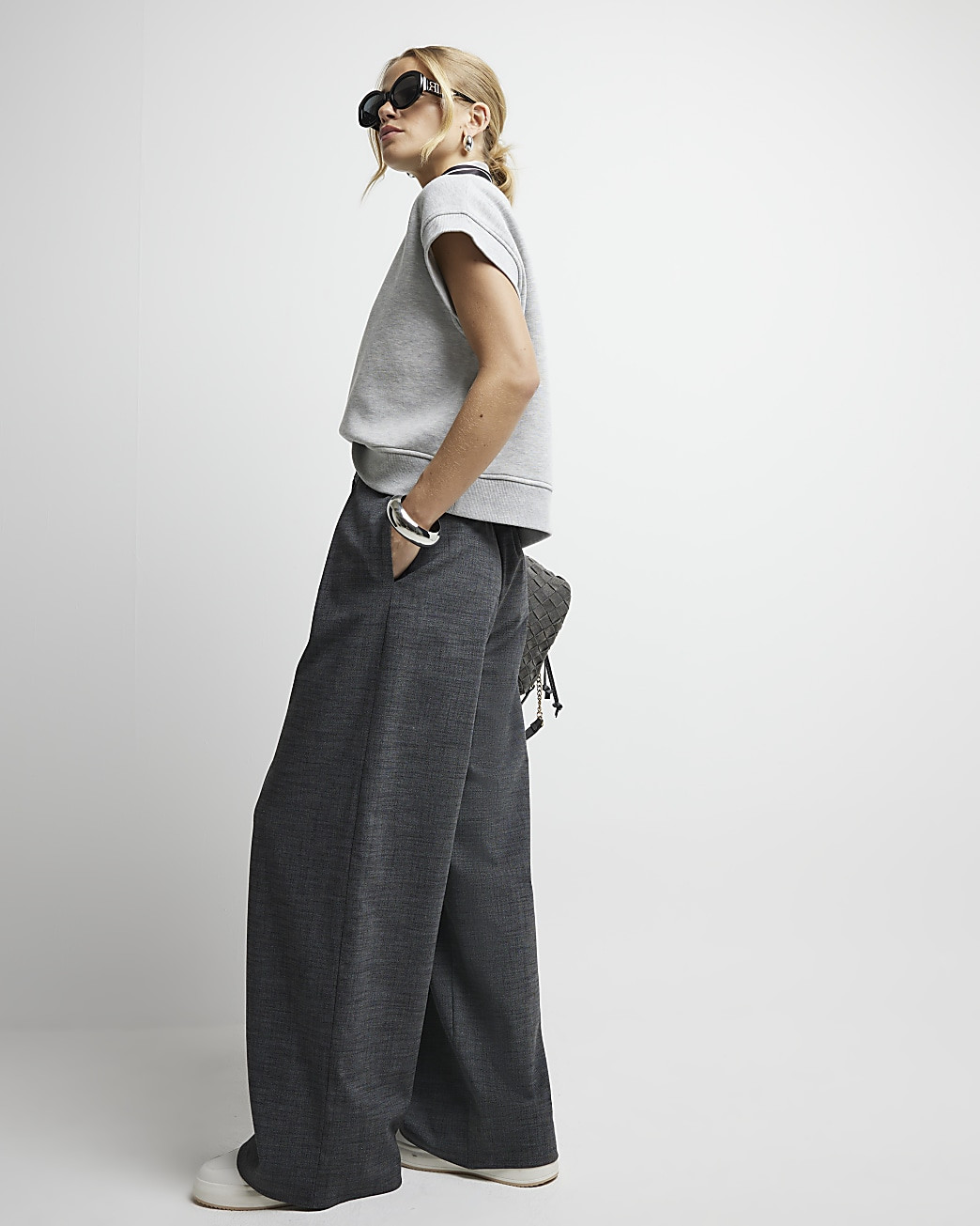Grey high waisted wide leg trousers | River Island (UK & IE)