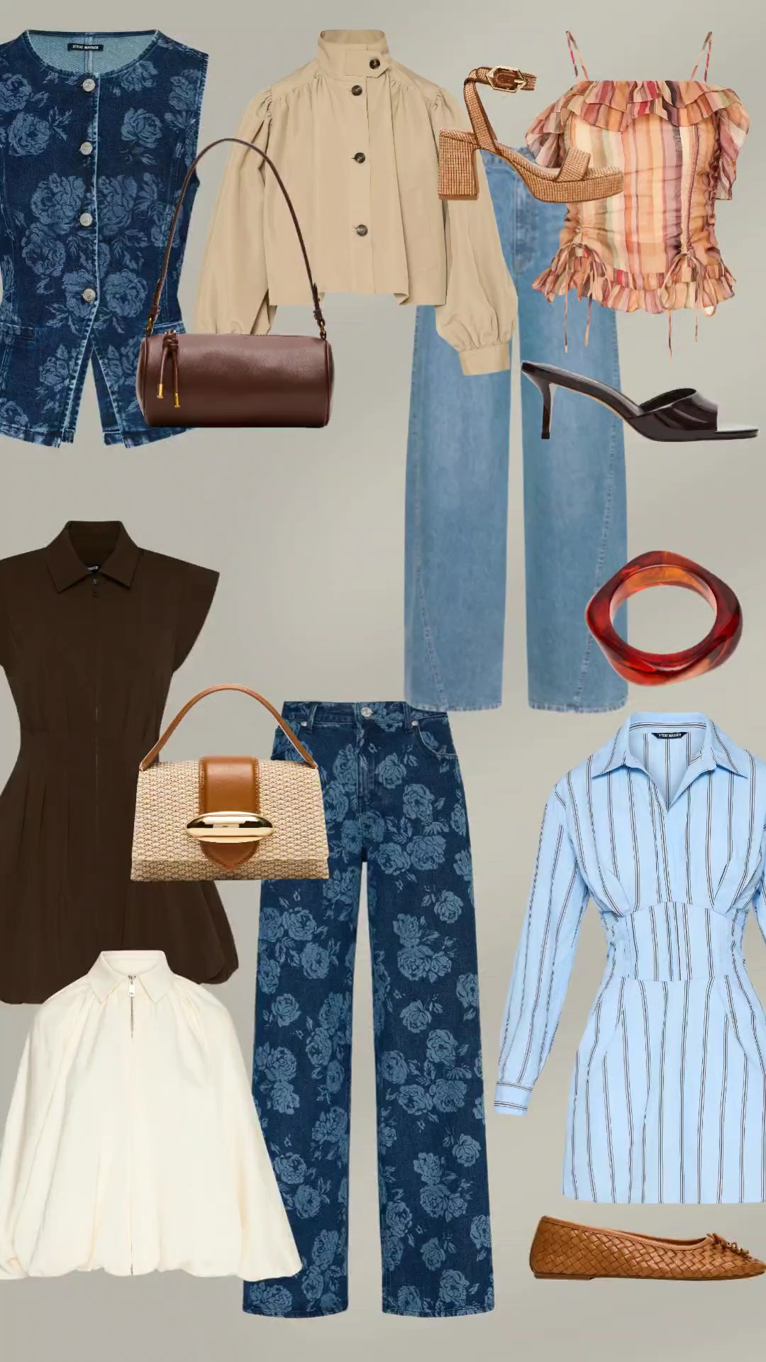 Steve Madden spring style. Style inspiration. Heels. Barrel bag. Woven ballet flats. Patterned denim. Denim vest. Shirtdress. Woven handbag. Steve Madden shoes

#LTKootd #LTKSeasonal #LTKSaleAlert