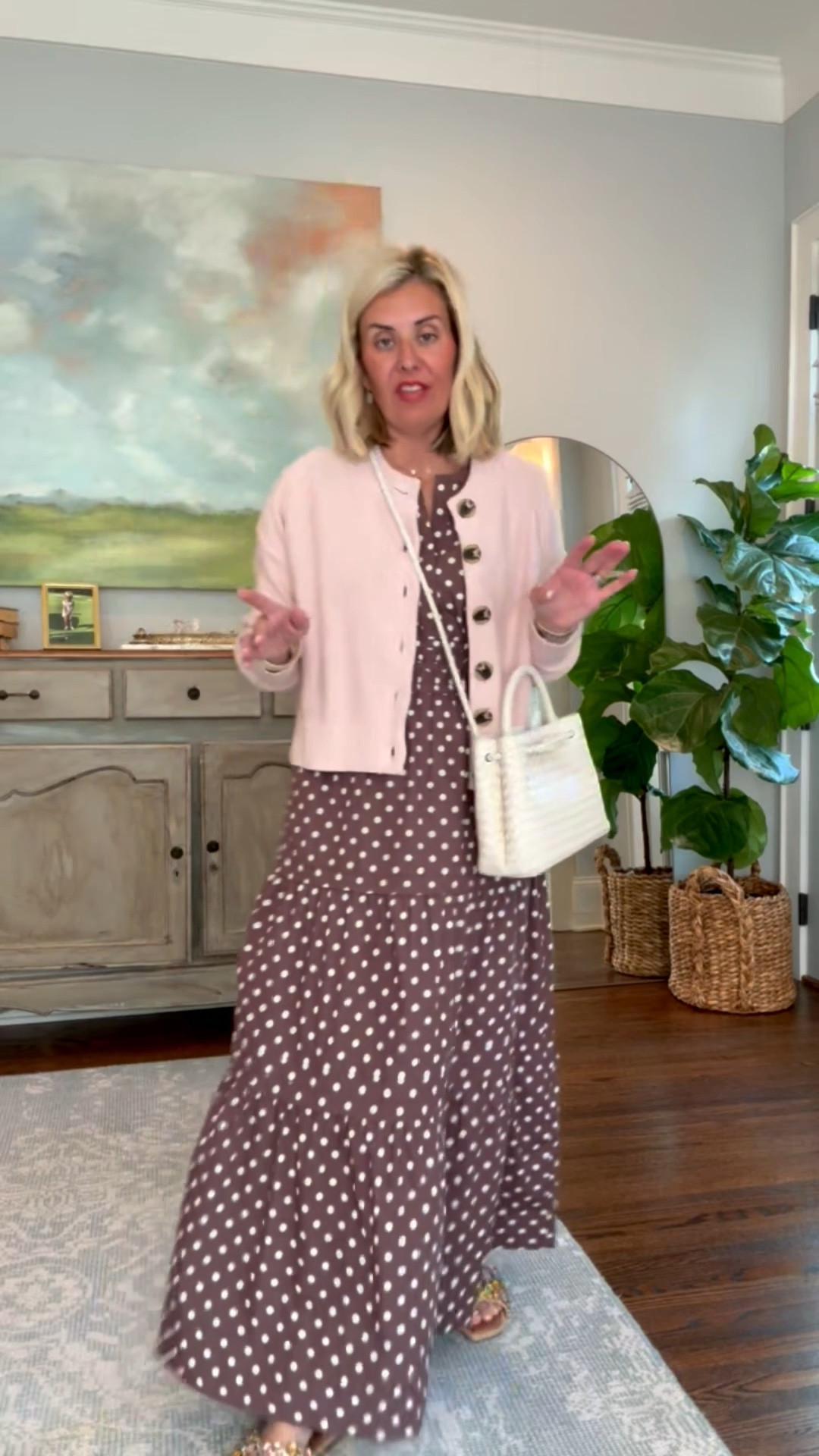 Have you ever seen a more me look? Bling shoes, polka dot dress and this blush cardigan are a Yes! 
Dress & cardigan - xs
Sandals - 7 (1 size down)
Bag - small size 

#LTKSeasonal #LTKdayinmylife #LTKOver40