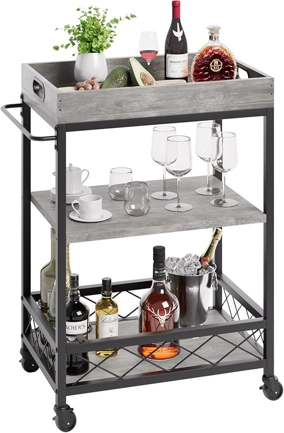 IDEALHOUSE Bar Carts for The Home, on Wheels, 3 Tier Bar Cart with Wine Rack, Removable Tray, Whe... | Amazon (US)