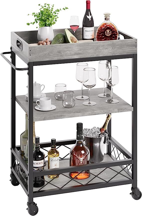IDEALHOUSE Bar Carts for The Home, on Wheels, 3 Tier Bar Cart with Wine Rack, Removable Tray, Whe... | Amazon (US)