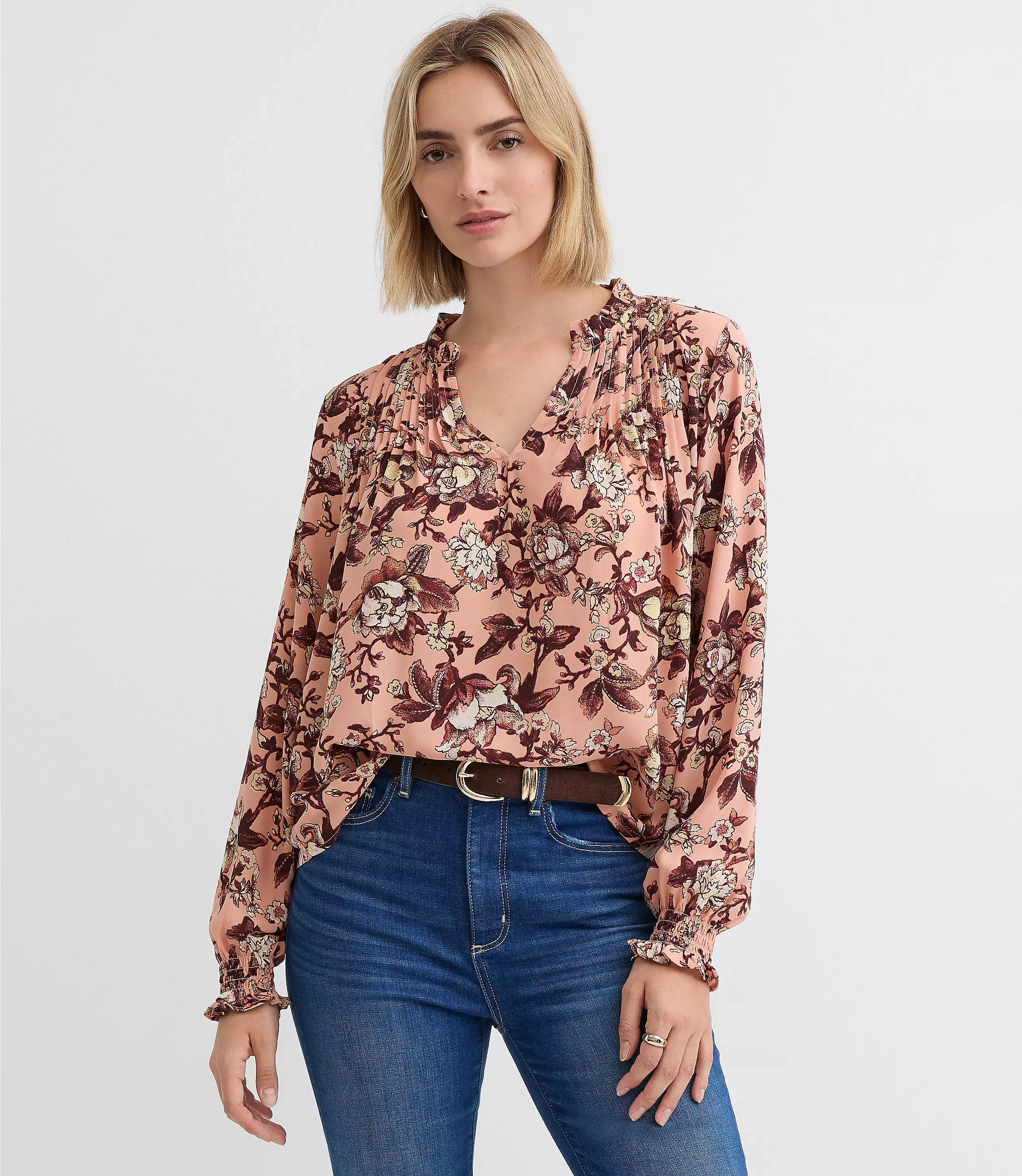 Floral Pintucked Ruffle Mixed Media Blouse | LOFT