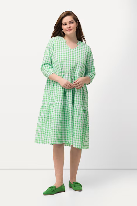 Gingham Seersucker 3/4 Sleeve Dress | Ulla Popken - US & CA