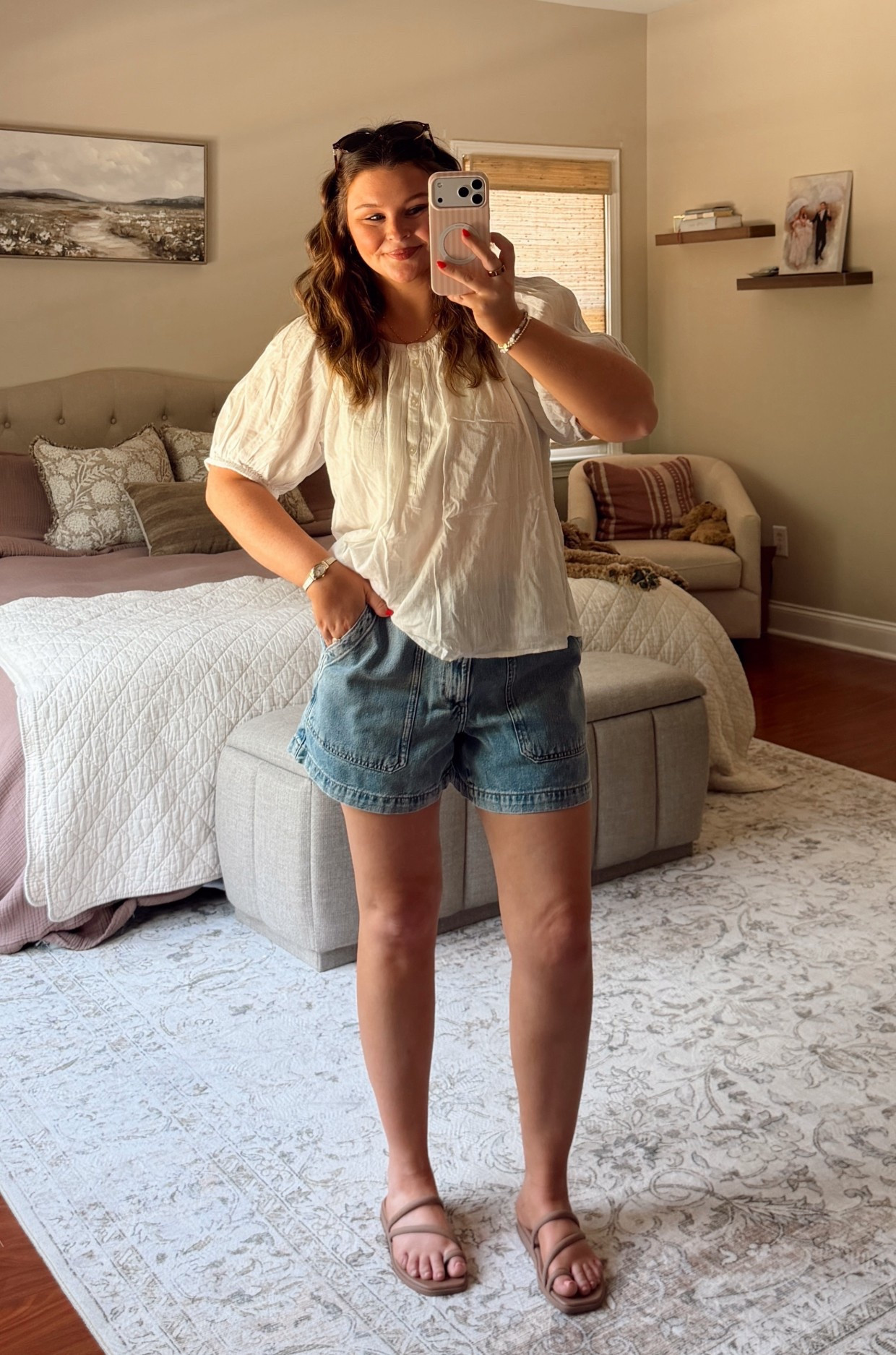 summer outfit! medium in both 


utility denim shorts + white blouse 