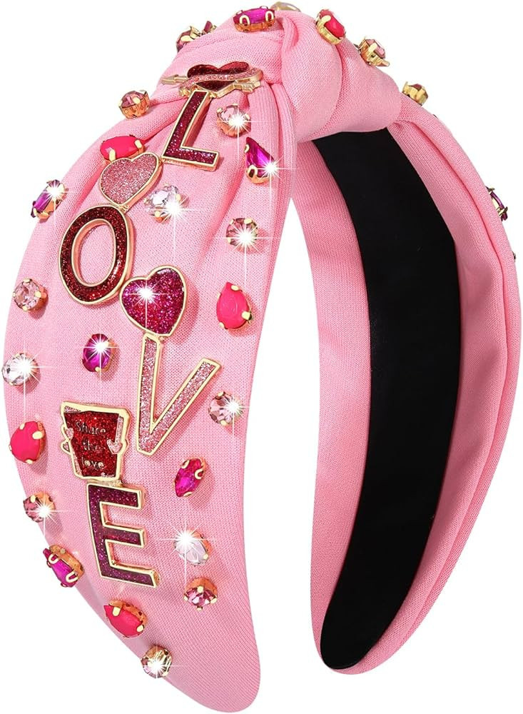 HSWE Valentine’s Day Headband Knotted Headband for Women Love Letter Crystal Embellished Top Kn... | Amazon (US)