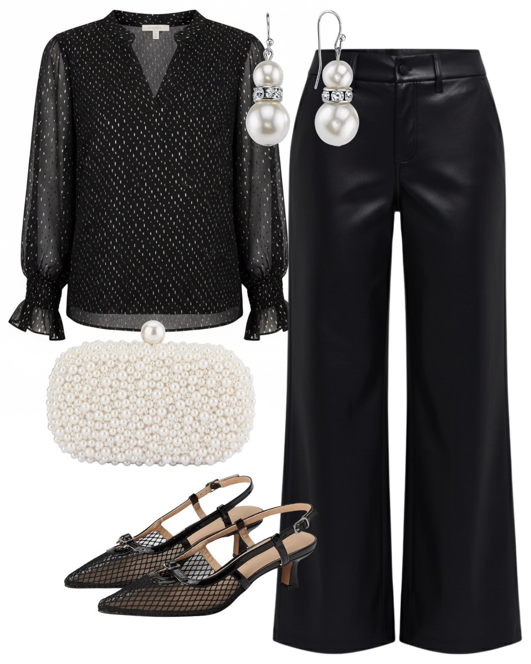 Holiday Outfit! Celebrate New Year’s Eve in elegant black-and-pearl style with this chic, polished outfit. The sheer dotted blouse adds a soft shimmer, while the faux-leather wide-leg pants give the look a modern, elevated edge. I paired it with double-pearl earrings, a pearl clutch, and mesh slingbacks for a refined festive touch.

Perfect for NYE dinners, house parties, or any celebration where you want something classy, comfortable, and stylish without going full sequin. Shop the full look below.

#LTKFashion #LTKStyletip #LTKParty

#LTKSeasonal #LTKHoliday #LTKCyberWeek
