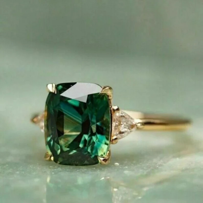 3.00Ct Cushion Cut Green Emerald Three-Stone Wedding Ring,Engagement Ring,Cluster Ring,Anniversar... | Etsy (Global)